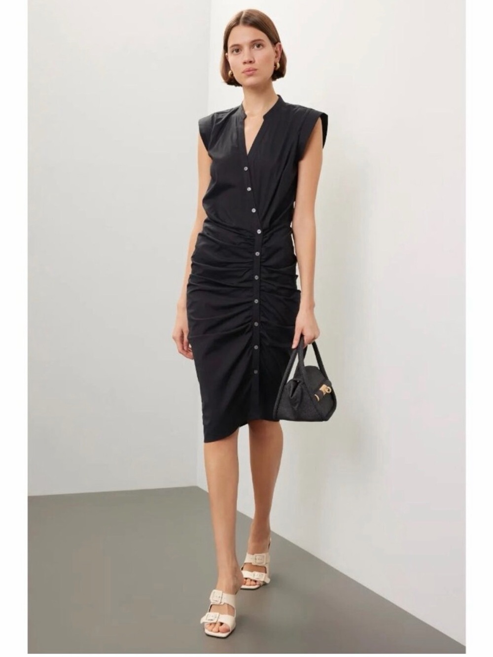 Veronica Beard Black Sleeveless Ruched Button-Front Dress